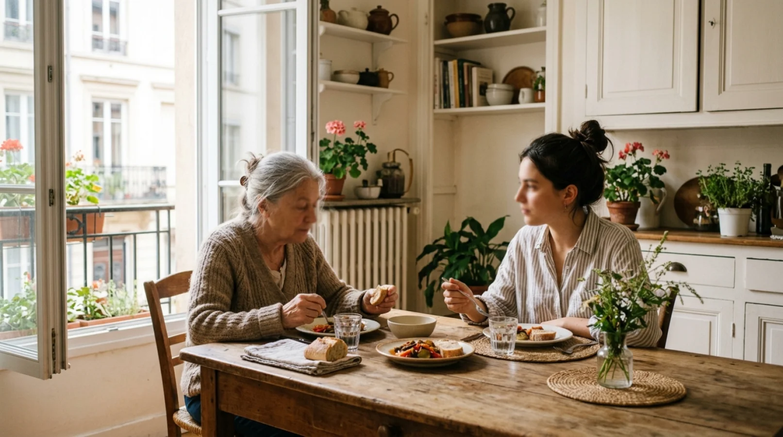 Une personne âgée et une jeune femme partageant un repas dans une cuisine lumineuse, illustrant la colocation intergénérationnelle