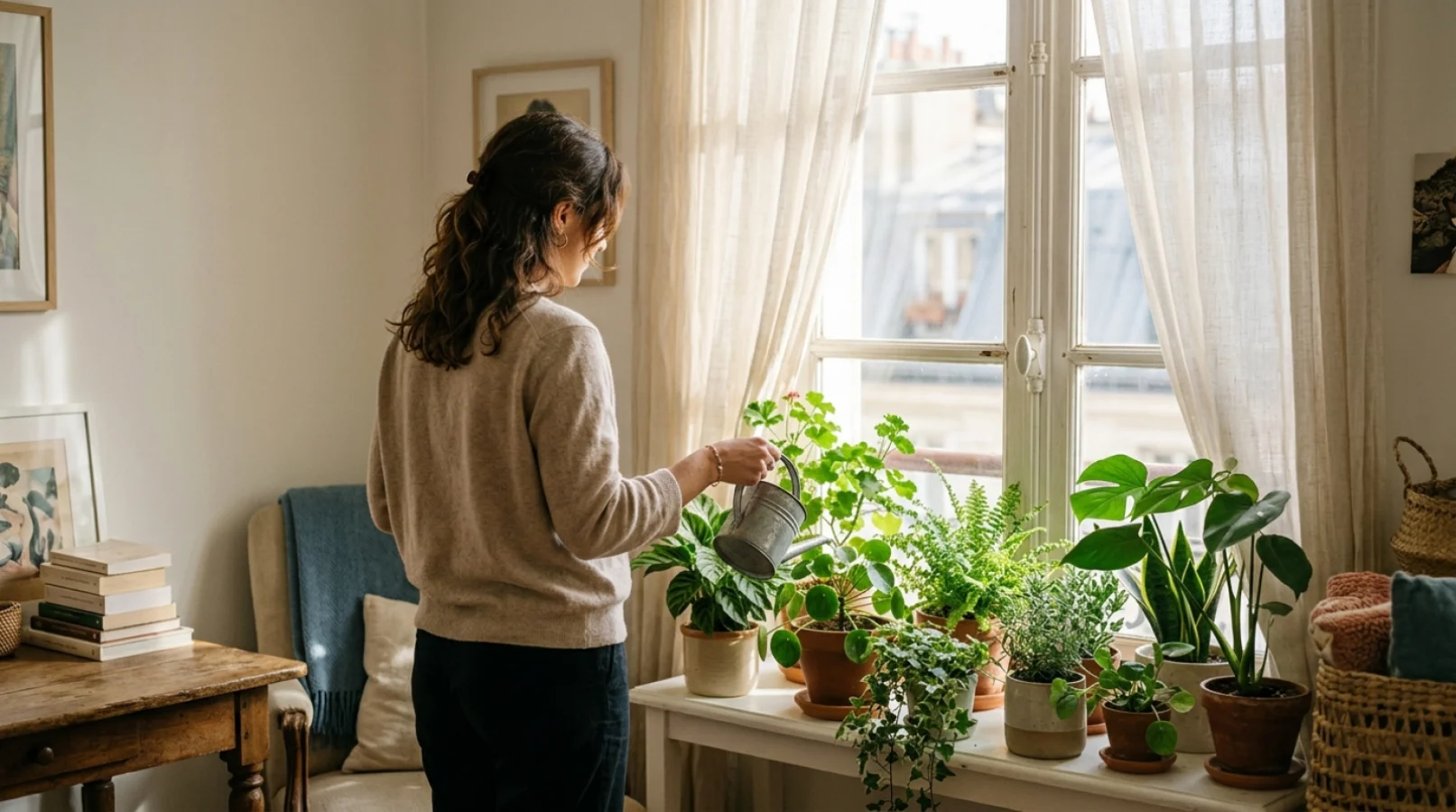 Un home-sitter arrose les plantes près d'une fenêtre dans une maison lumineuse pendant l'absence des propriétaires en vacances