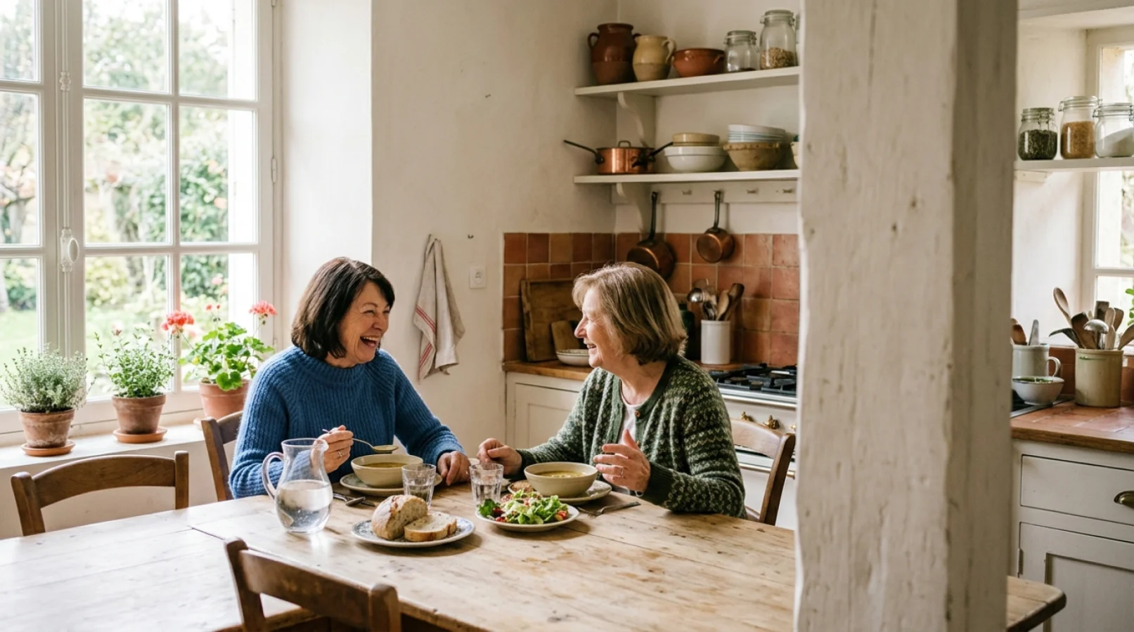 Deux femmes seniors souriantes partageant un repas dans une cuisine lumineuse, illustrant la colocation senior et l'entraide au quotidien