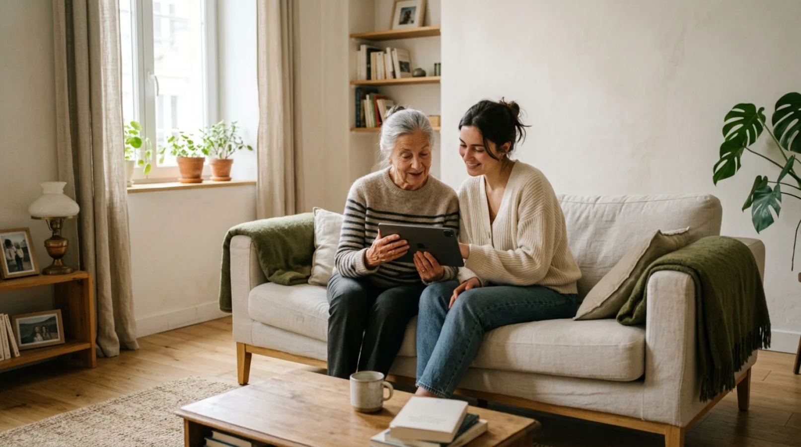 Senior et jeune cohabitante consultant ensemble une annonce de colocation seniors sur une tablette dans un salon chaleureux