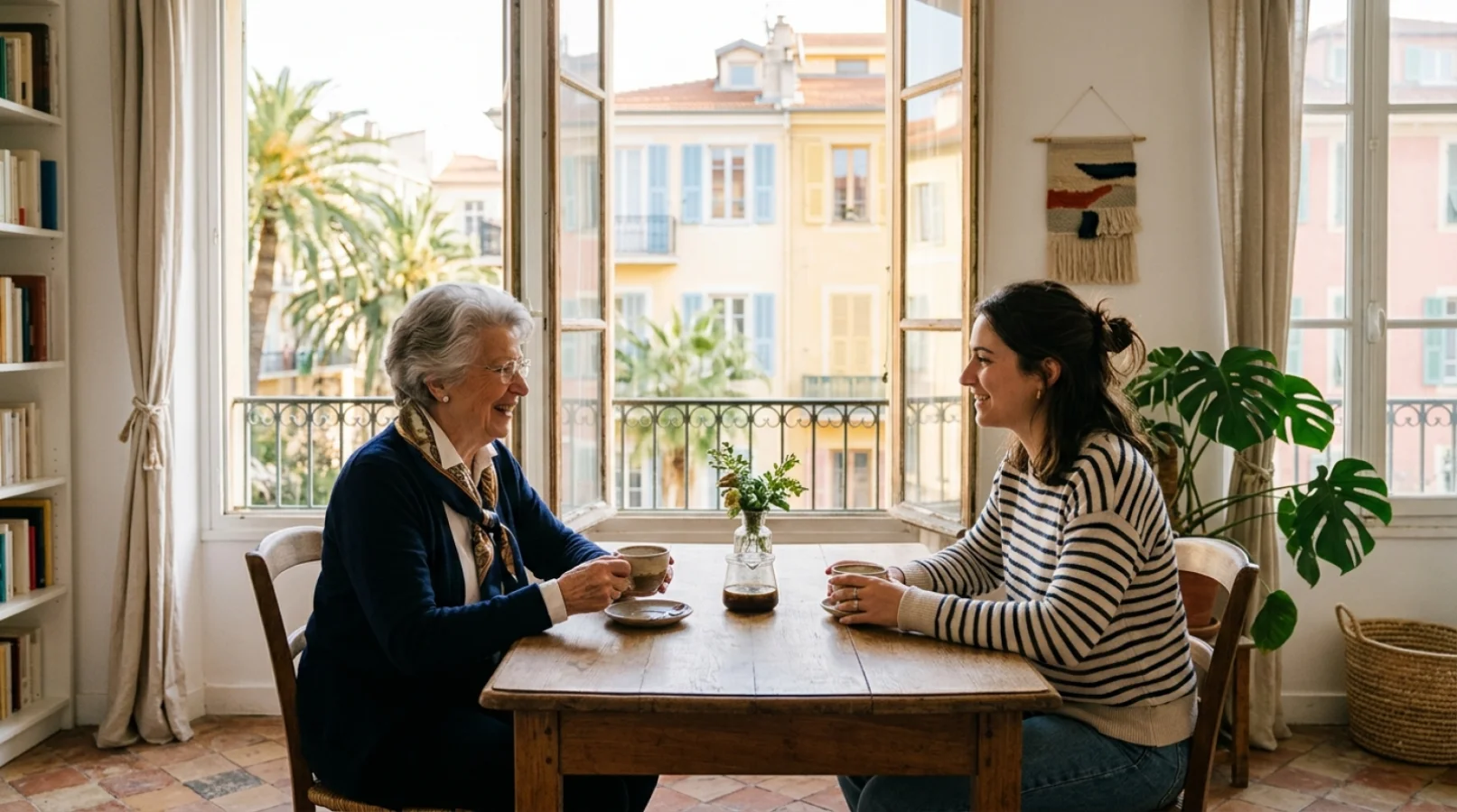 Jeune femme et personne âgée discutant autour d'un café dans un appartement lumineux, chambre chez l'habitant senior à Nice