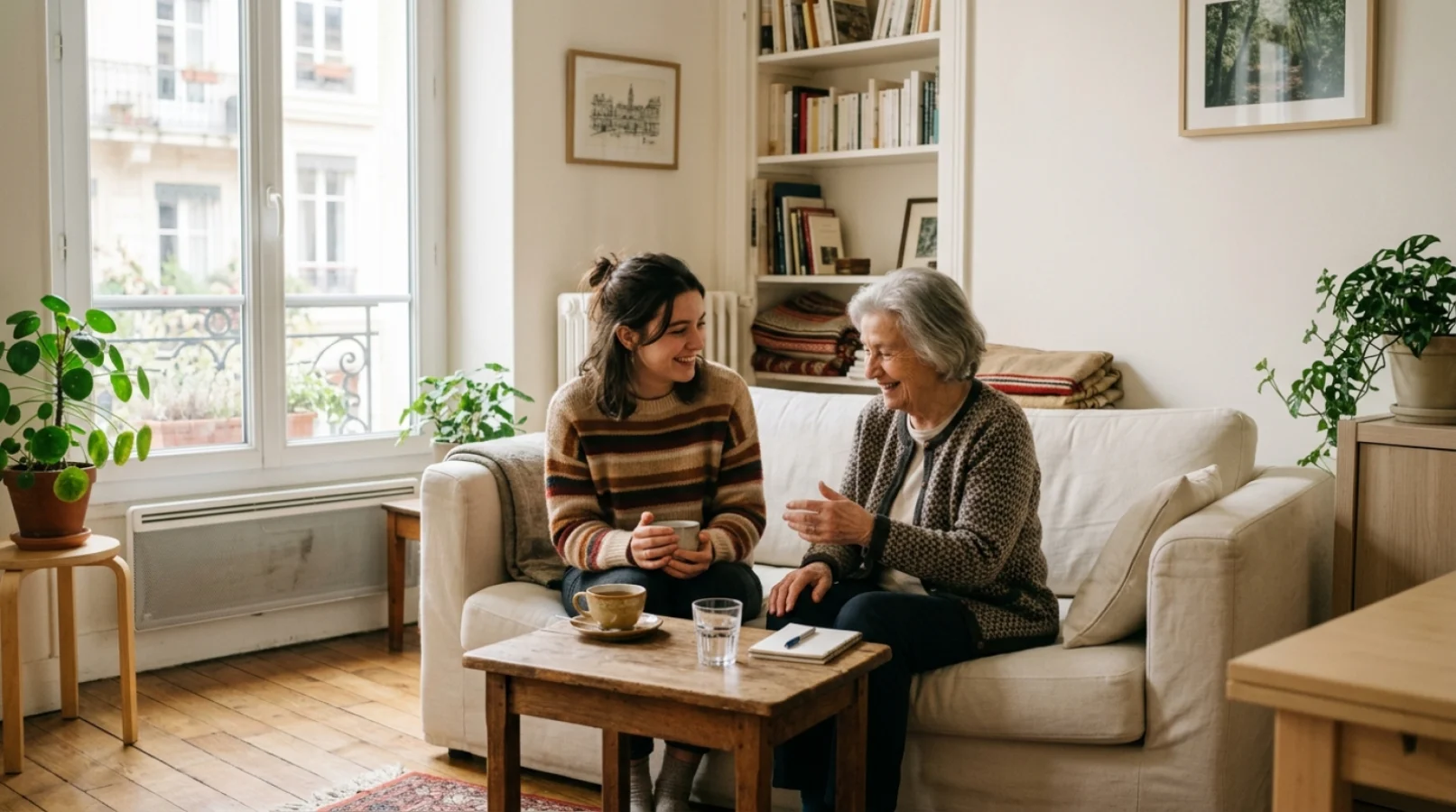 Une jeune femme et une personne âgée partageant un moment convivial dans un salon lumineux d'un appartement lillois