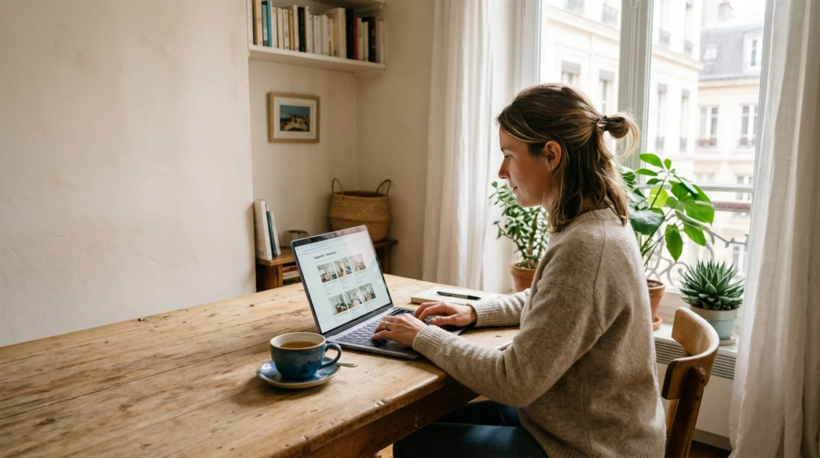 Personne consultant des annonces de logement contre services sur un ordinateur portable