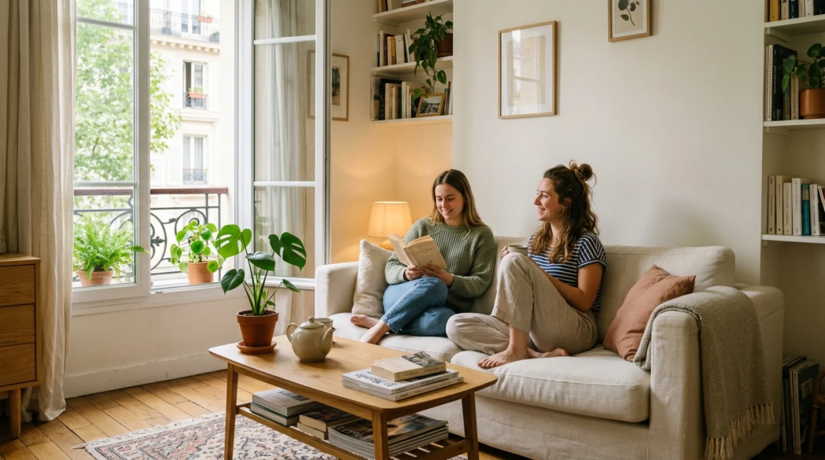 Deux colocataires souriants partageant un moment dans le salon lumineux d'un appartement