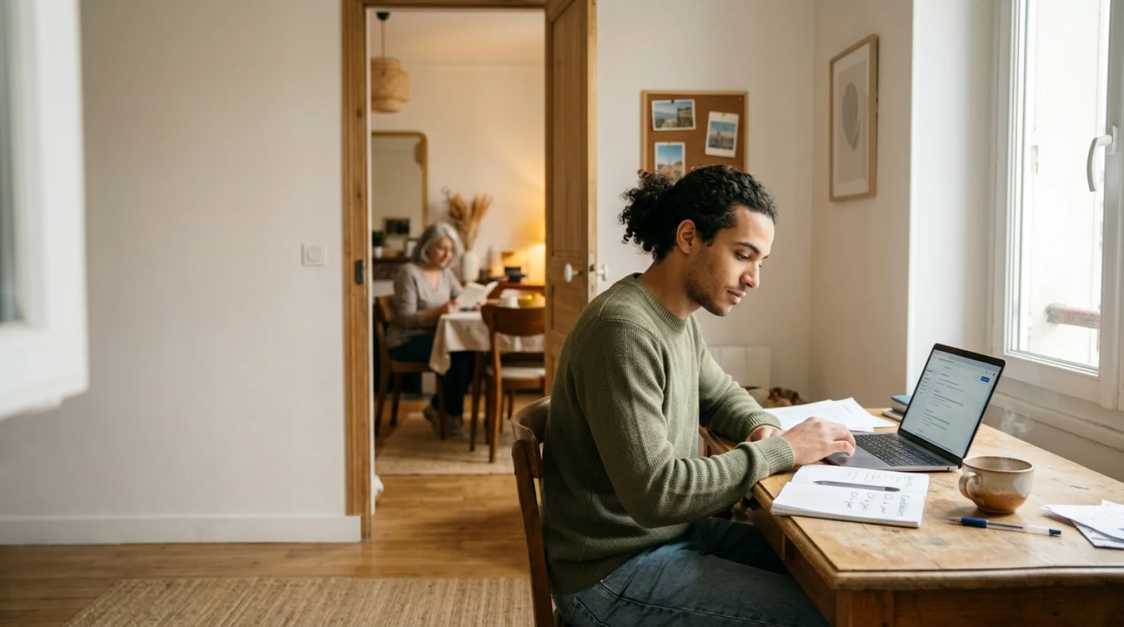 Jeune actif installé dans une chambre lumineuse chez un hôte, illustrant le logement contre services comme alternative à l'emploi avec logement gratuit