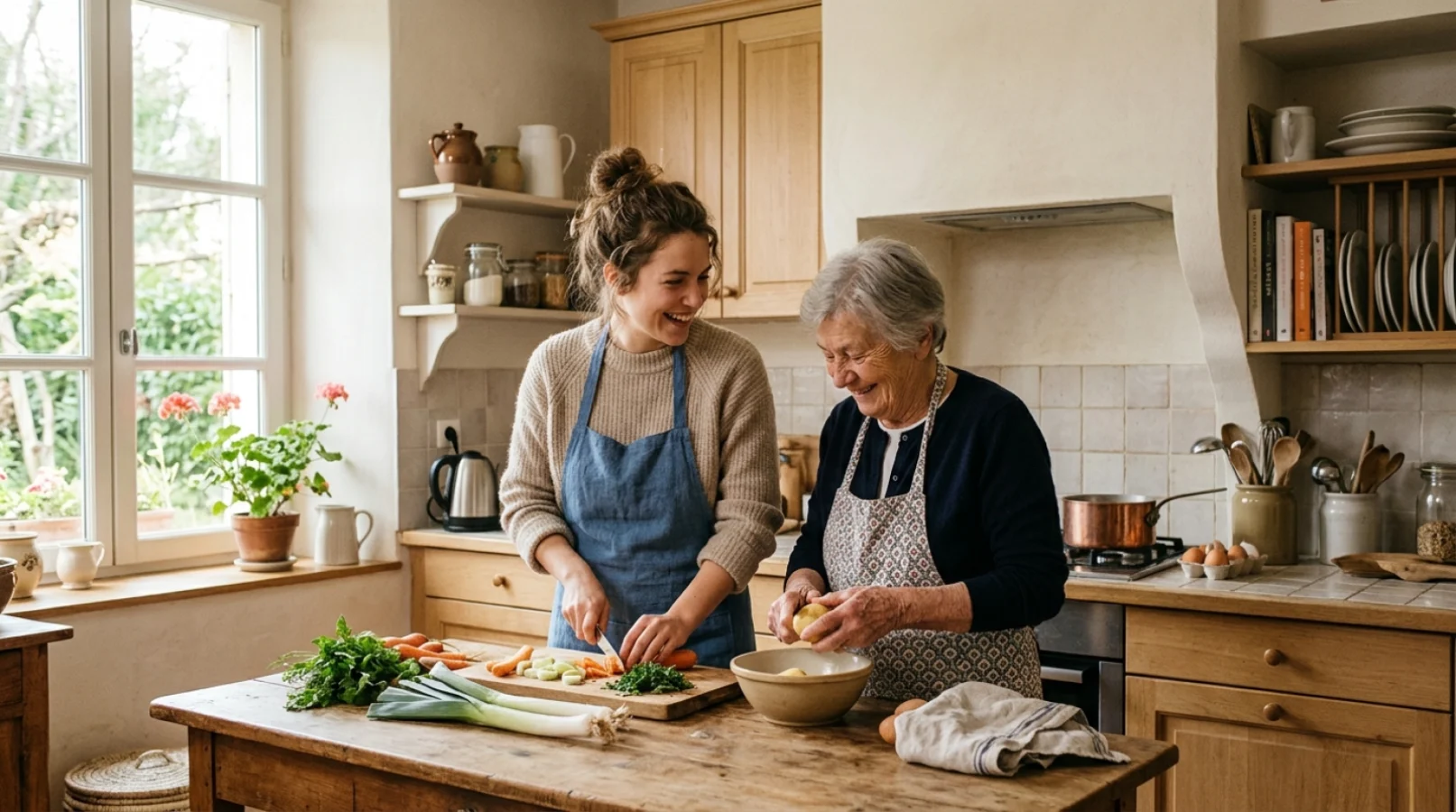 Une jeune femme et une personne âgée partageant un moment convivial dans une cuisine lumineuse, illustrant le logement chez une personne âgée contre service