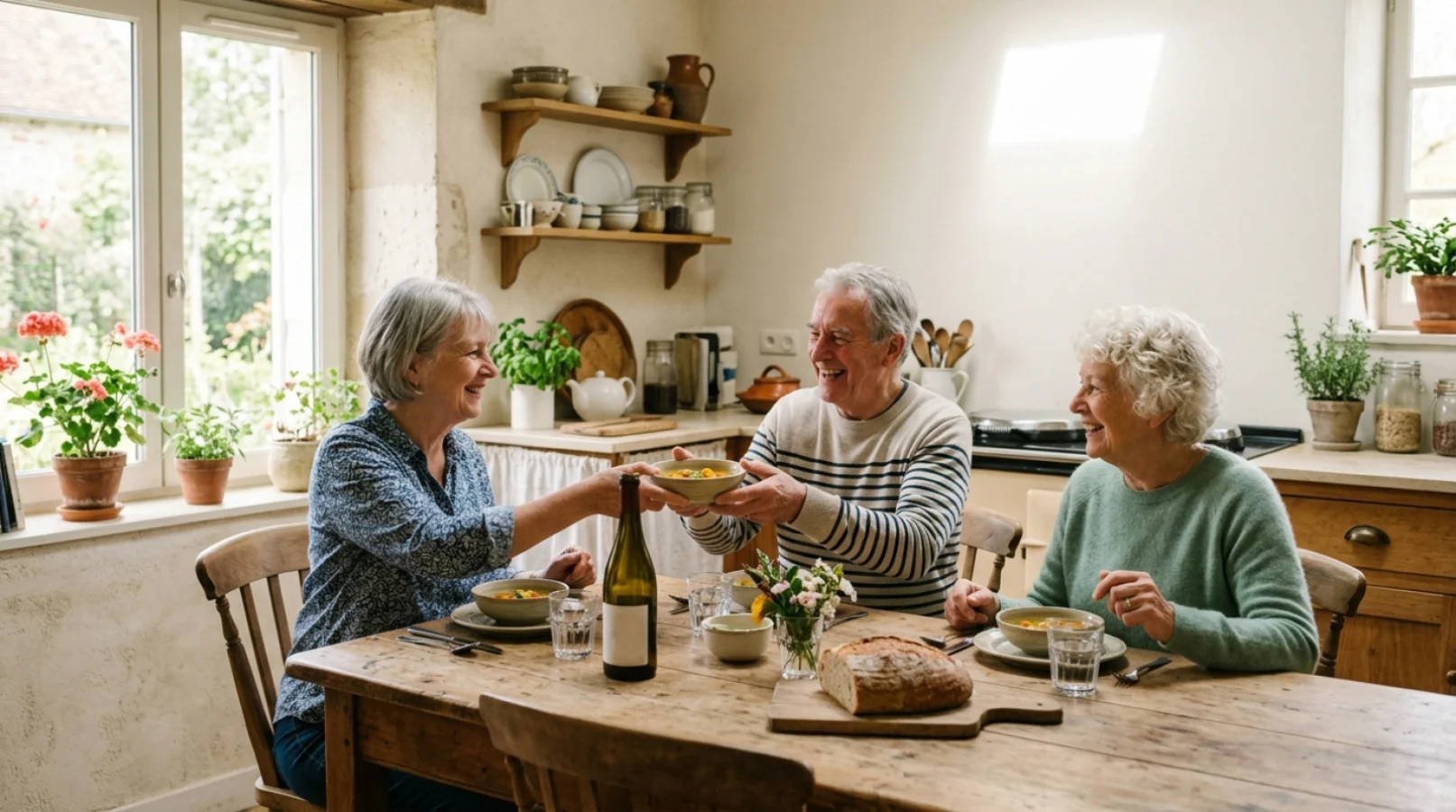 Trois seniors souriants partageant un repas convivial dans la cuisine lumineuse d'une maison partagée