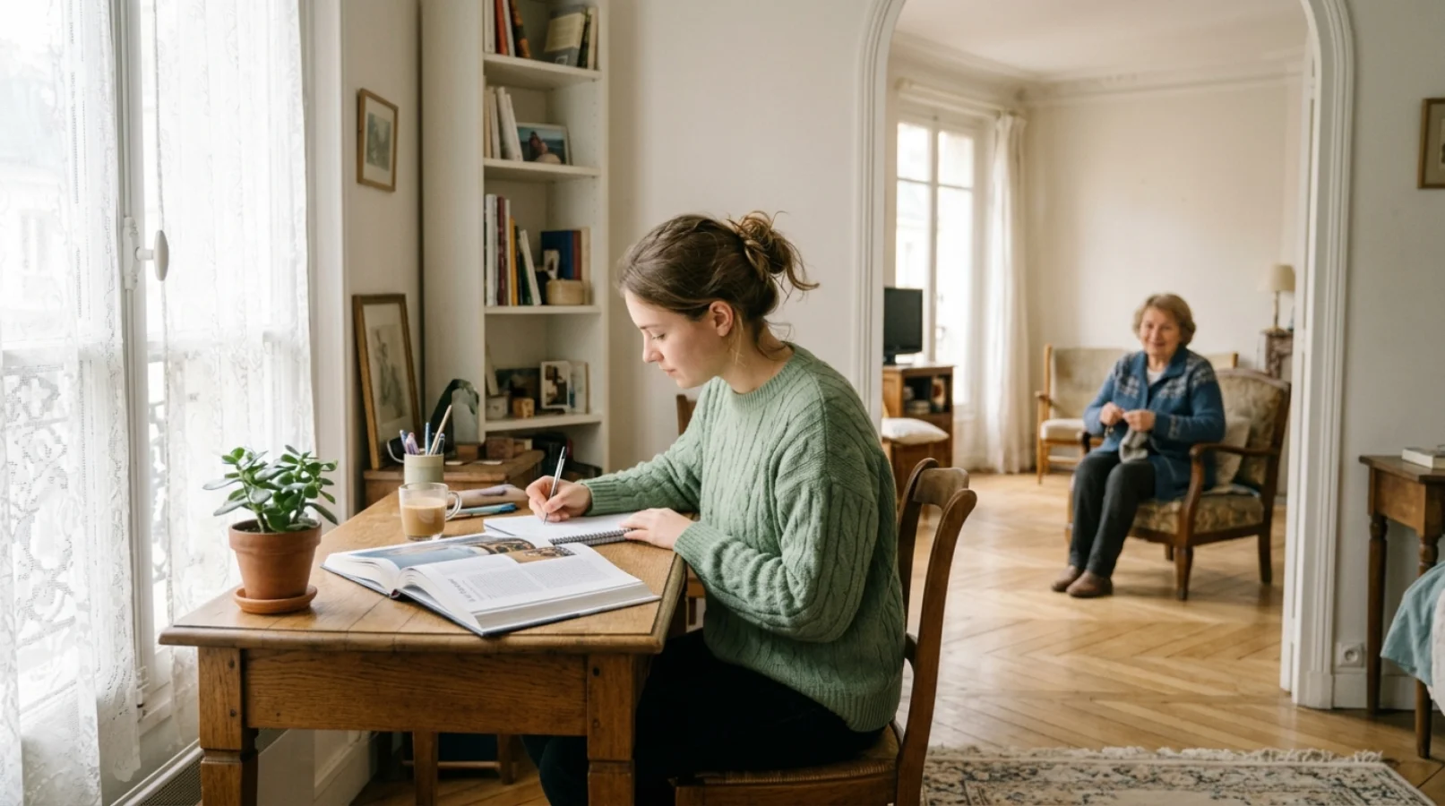 Une étudiante installée dans une chambre lumineuse chez un hôte, illustrant le logement étudiant contre services