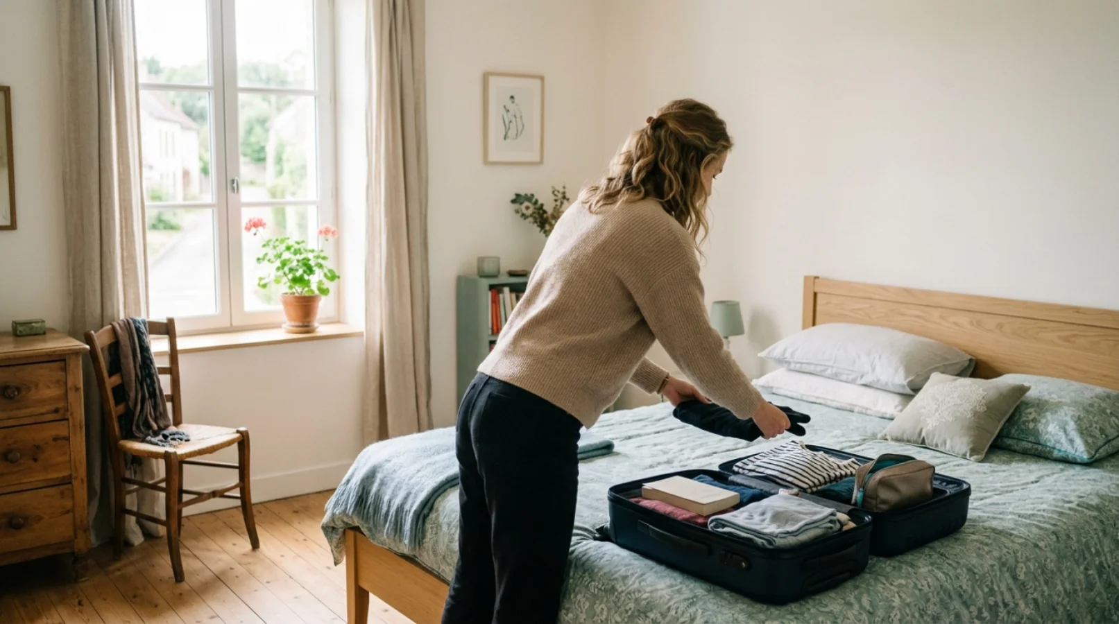 Jeune personne installant ses affaires dans une chambre lumineuse, illustrant un hébergement temporaire gratuit en logement contre services