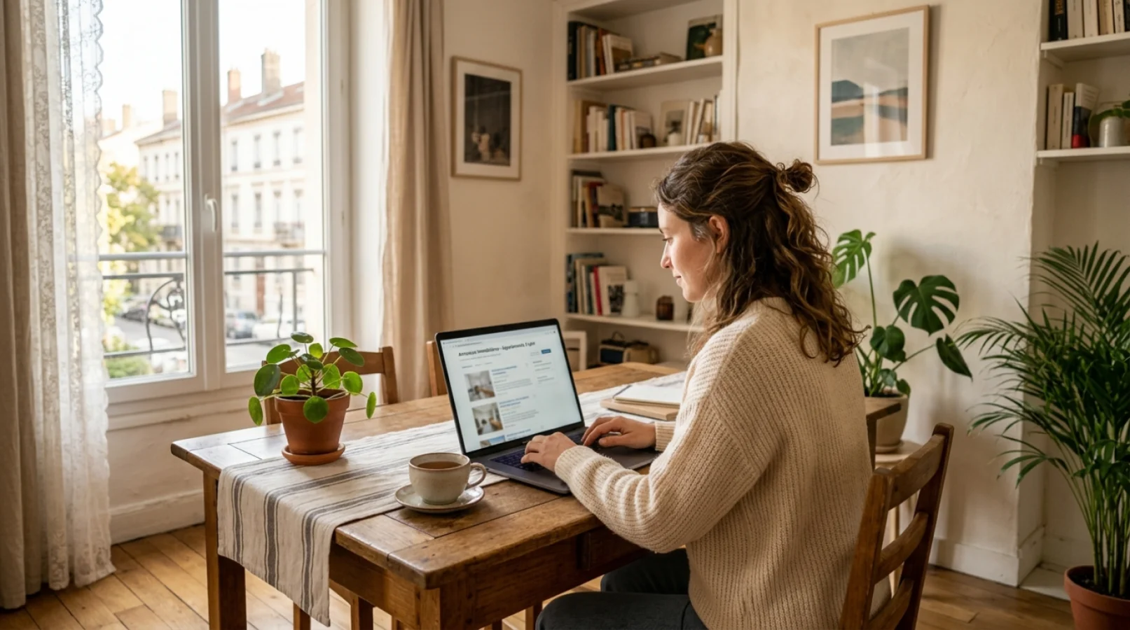 Jeune cohabitant consultant des offres de logement gratuit contre services sur un ordinateur portable