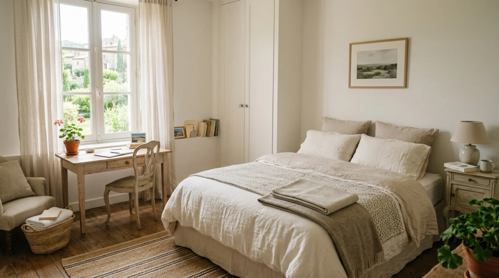 Chambre d'amis lumineuse et accueillante prête à héberger un cohabitant dans un logement français