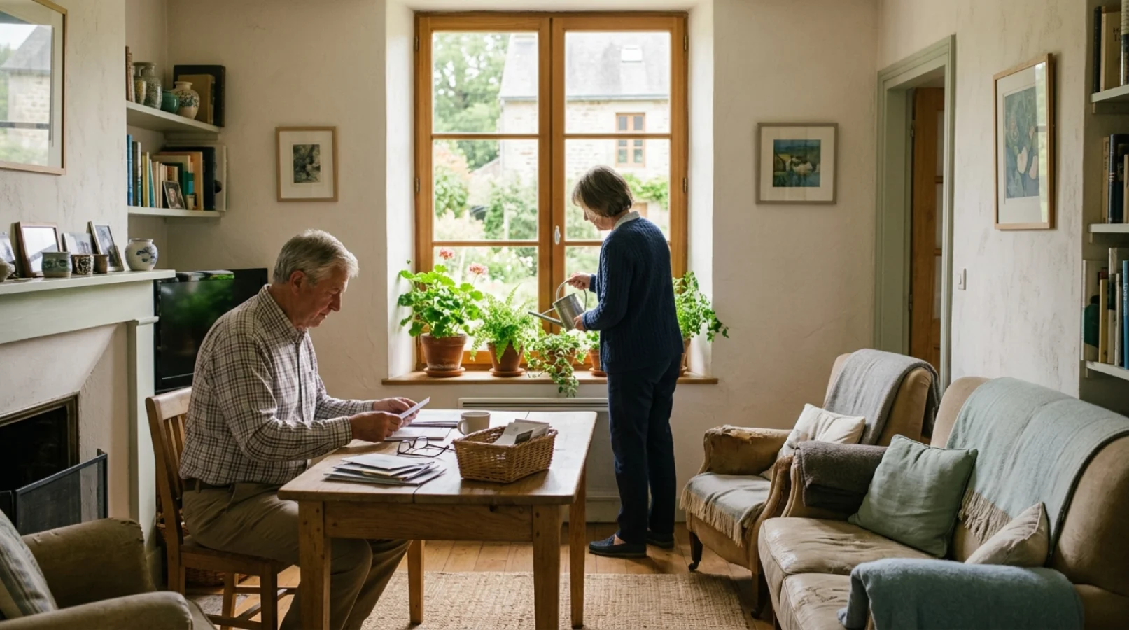 Un couple de retraités veille sur une maison lumineuse pendant l'absence des propriétaires, arrosant les plantes près d'une grande fenêtre