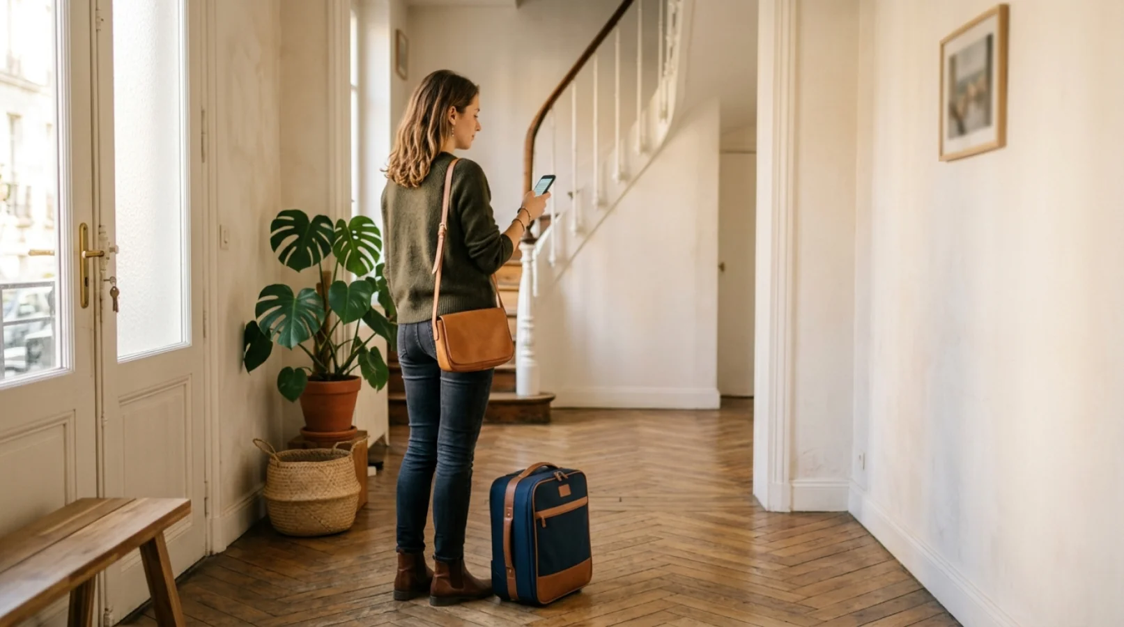 Personne avec une valise consultant son téléphone pour trouver un logement en urgence