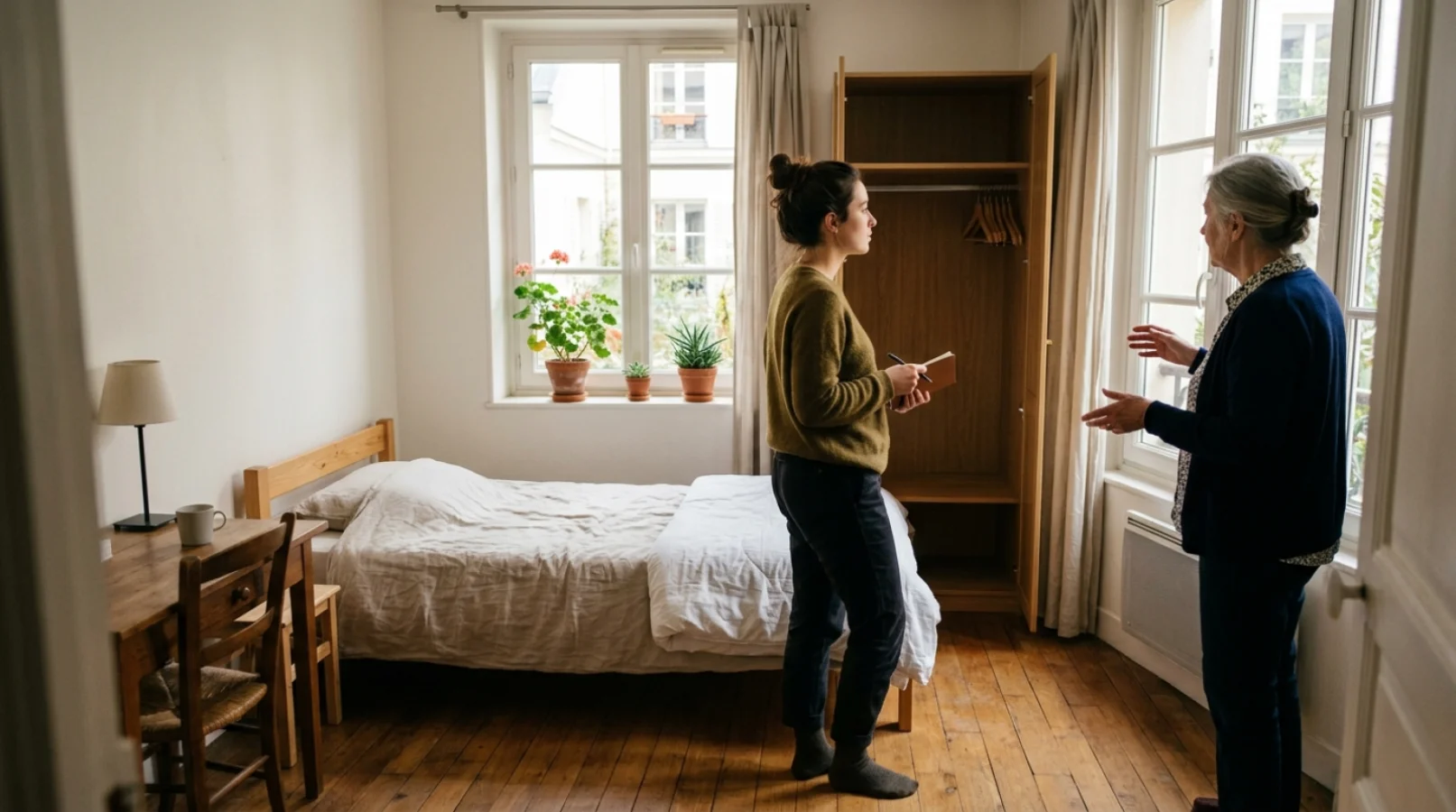 Une jeune femme et son hôte visitent ensemble une chambre lumineuse proposée en logement contre services