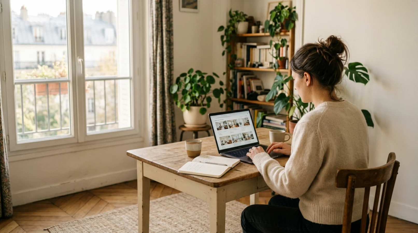 Jeune femme consultant des annonces de logement contre services sur un ordinateur portable dans un salon lumineux