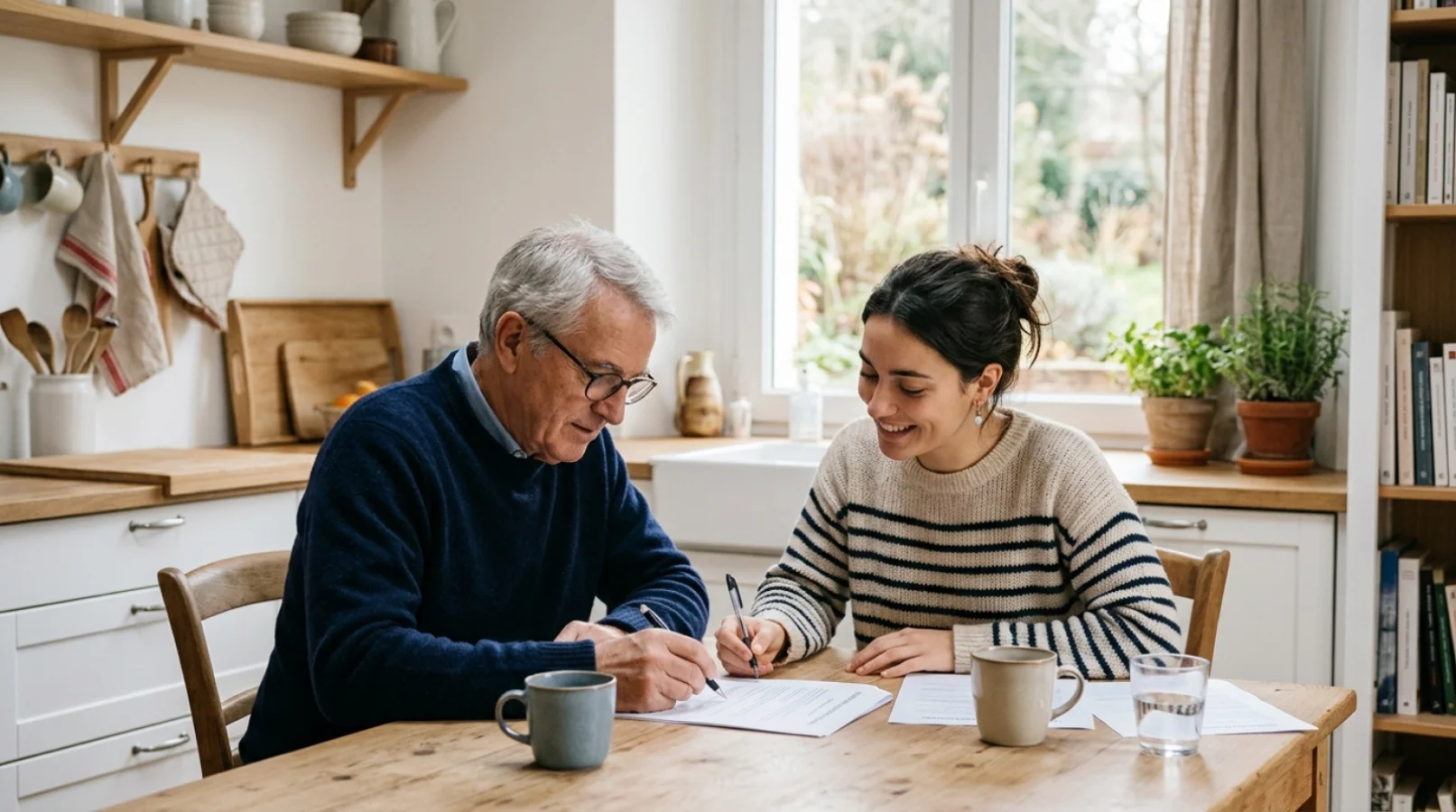 Un hôte et une cohabitante remplissent ensemble un contrat de logement contre services à table
